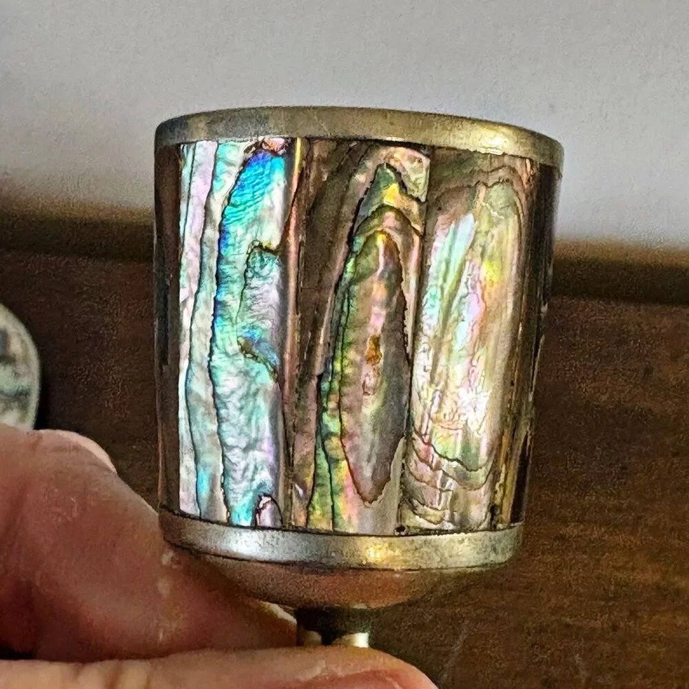 Vtg Cordial Set Mexican Alpaca Silver With Abalone MOP 6 Small Goblets With Tray